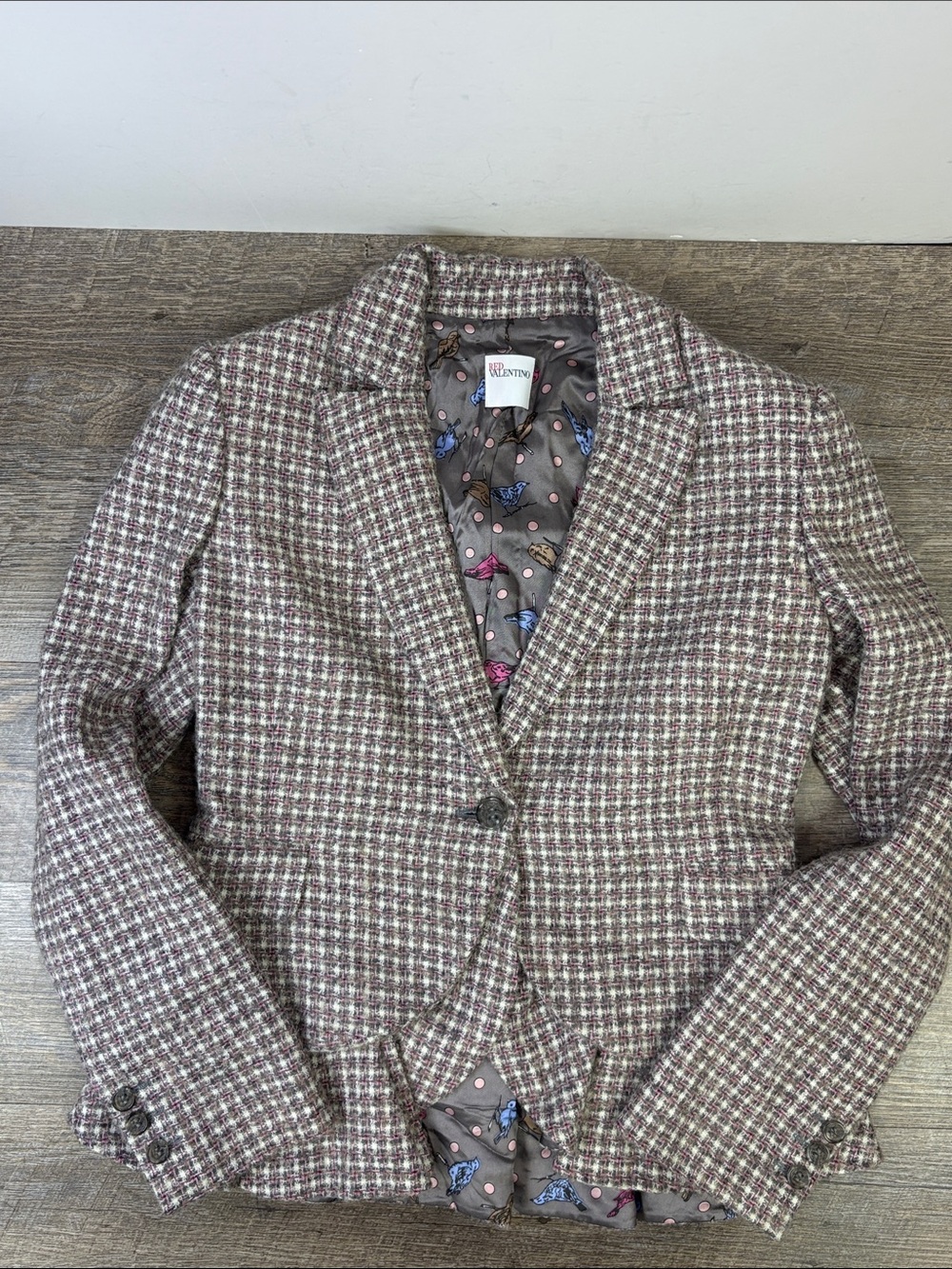 RED Valentino Tweed Peplum Blazer Jacket Bird Print Lines Size 6